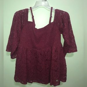 Torrid Maroon babydoll Laced long sleeve cold shoulder shirt